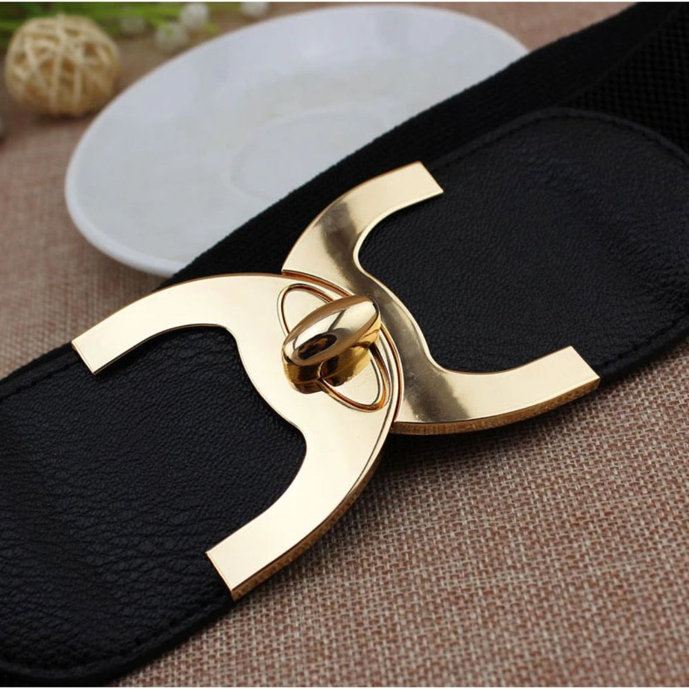 New Rose Gold Wide Elastic Band Twist Buckle Dress Belt